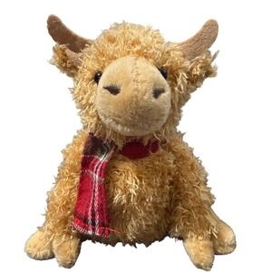 Merry Makers Highland Cow Plush Tan Shaggy Stuffed Animal Red Plaid Scarf 6" NWT